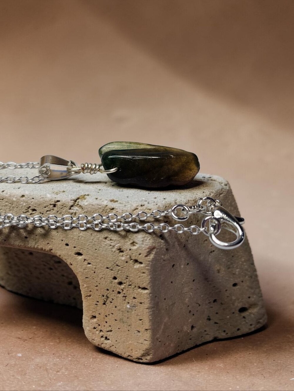 Green Jasper Pendant Necklace with Silver Chain